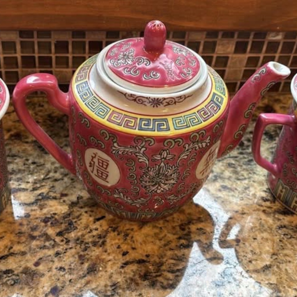 Vintage set Chinese rose pink Mun Shou Longevity pattern hand made tea pot set